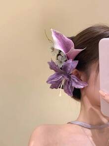 1pc Purple Calla Lily Artificial Flower Hair Clip, Fabric Bouquet Hair Accessory For Banquet, Outing, Spring/Summer - Lilac Purple - View 1