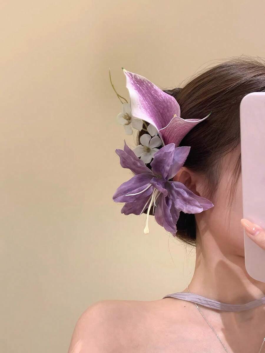 1pc Purple Calla Lily Artificial Flower Hair Clip, Fabric Bouquet Hair Accessory For Banquet, Outing, Spring/Summer - Lilac Purple - View 1