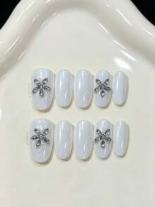 10pcs Short Oval Handmade Press-On Nails, White Minimalist Elegant Cream Pearl White Glossy Star Rhinestone Design, Suitable For Girls And Women For Holiday Parties And Daily Wear - White - View 11