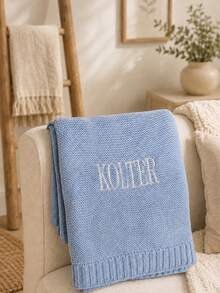 1pc Customized Name Embroidered Knitted Throw Blanket, Personalized Letter Knitted Blanket, 6 Colors Available, Casual Home Decor Accessory, Cute Holiday Gift Choice For Family Occasions - Multicolor - View 6