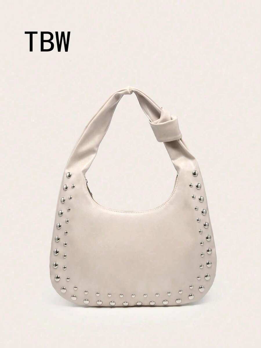 Women's Crescent-Shaped Shoulder Bag, PU Material, Large Capacity, Rivet Decor, Vintage Style, Suitable For Commuting And Outings - Apricot - View 1