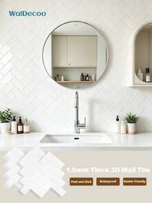 WalDecoo 4pcs/10pcs/20pcs 2mm Thick White Herringbone Pattern Self-Adhesive Wall Tiles, 3D Peel And Stick Wall Stickers, Waterproof Removable Wall Tile Decor For Kitchen Bathroom Walls - VP401 - View 1