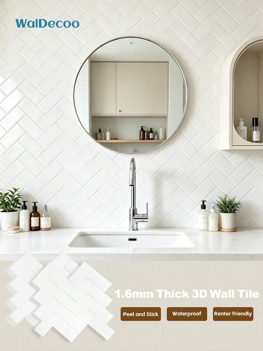 WalDecoo 4pcs/10pcs/20pcs 2mm Thick White Herringbone Pattern Self-Adhesive Wall Tiles, 3D Peel And Stick Wall Stickers, Waterproof Removable Wall Tile Decor For Kitchen Bathroom Walls - VP401 - View 1