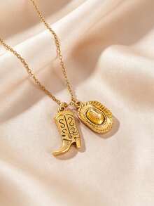 1pc/2pcs/3pcs Y2K Western Cowboy Hat Boot Pendant Necklace, Stainless Steel Chain Vintage Charm Jewelry For Teen Girls & Kids, Birthday Gift - Yellow Gold - View 2