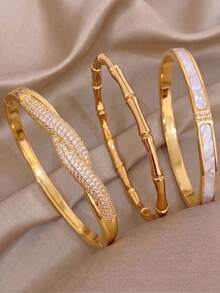 3‑Pcs Gold‑Plated Stainless‑Steel Bangle Set, Chain‑Link Paved Zirconia Cuff, Bamboo‑Joint Bracelet, Mother‑Of‑Pearl Shell Wrist Jewelry For Women - Gold - View 7