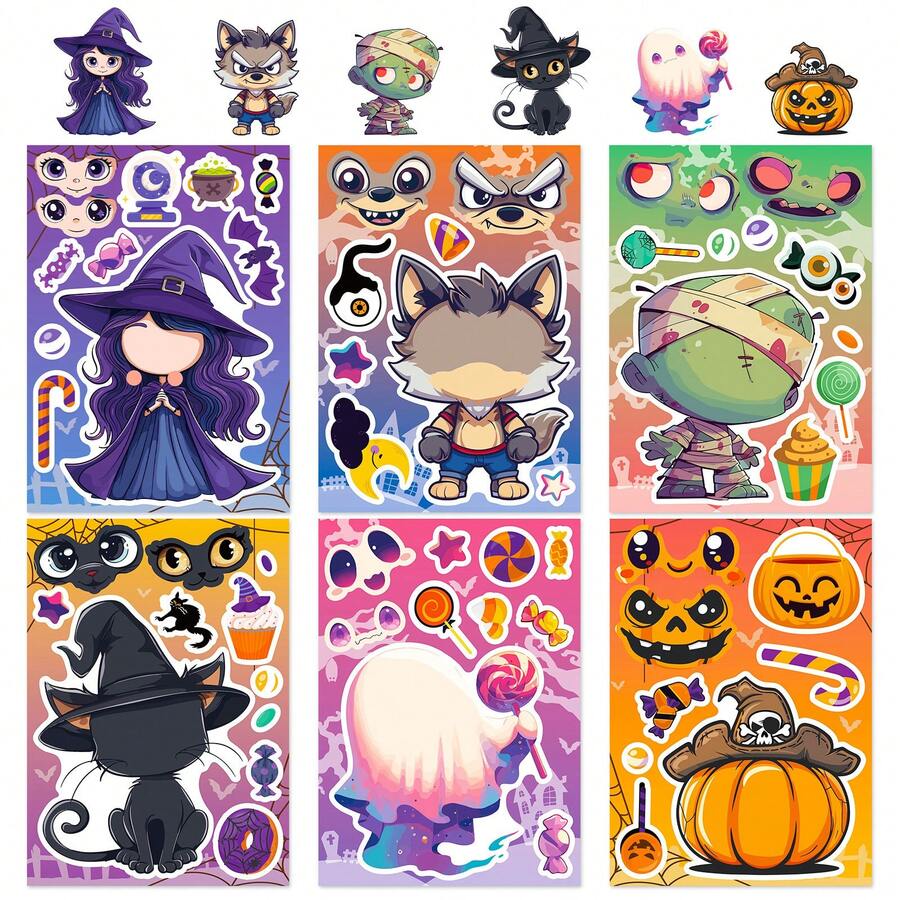 6 Sheets Halloween DIY Make Your Own Stickers, Witch, Ghost, Black Cat & Pumpkin Character, Kids Craft Stickers For Party Game, Favor Gift - Multicolor - View 1