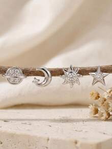 4pcs/Set Star & Moon 925 Sterling Silver Hypoallergenic Women's Stud Earrings, Sweet Style, Suitable For Wedding Bride Jewelry - Silver - View 10