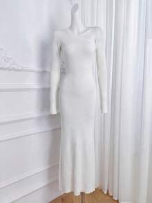 Autumn New French Style Elegant Asymmetrical Shoulder Knit Dress, Slim Fit Sexy Bodycon Long Dress, Women's Autumn Pullover Dress - White - View 9