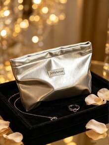 1 Pc Silver Solid Makeup Bag, Minimalist Shiny Fabric Rectangular Zipper Pouch, Portable Cosmetic Storage Bag For Travel Daily Use All Season,Wigs,Makeup Bags - Multicolor - View 8