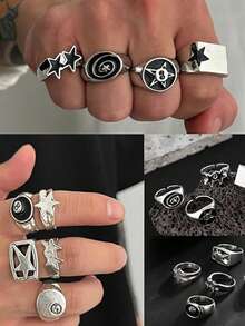 Xiacheng 4/9Pcs Chunky Thick Billiards Black Eight Layered Finger Rings Set Gothic Punk Y2K Stackable Knuckle Band Rings Silver Stars Jewelry For Women Men - Multicolor - View 4