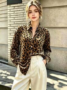 Women's Casual Leopard Print All Over Print Button Front Shirt Collar Long Sleeve Shirt Business Office Vacation Home Holiday Spring Autumn Winter - Brown - View 13