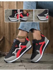 Sepatu Sneakers Kasual Retro Colorblock Unisex dengan Ujung Jari Kaki Lebar - Hitam dan Merah - View 7