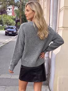 Nicenter Women's Fall Winter Heather Grey Wool Blend Crew Neck Button Front Long Sleeve Casual Simple Cardigan Sweater, Fall Clothes For Office Daily Home Date - Grey - View 2