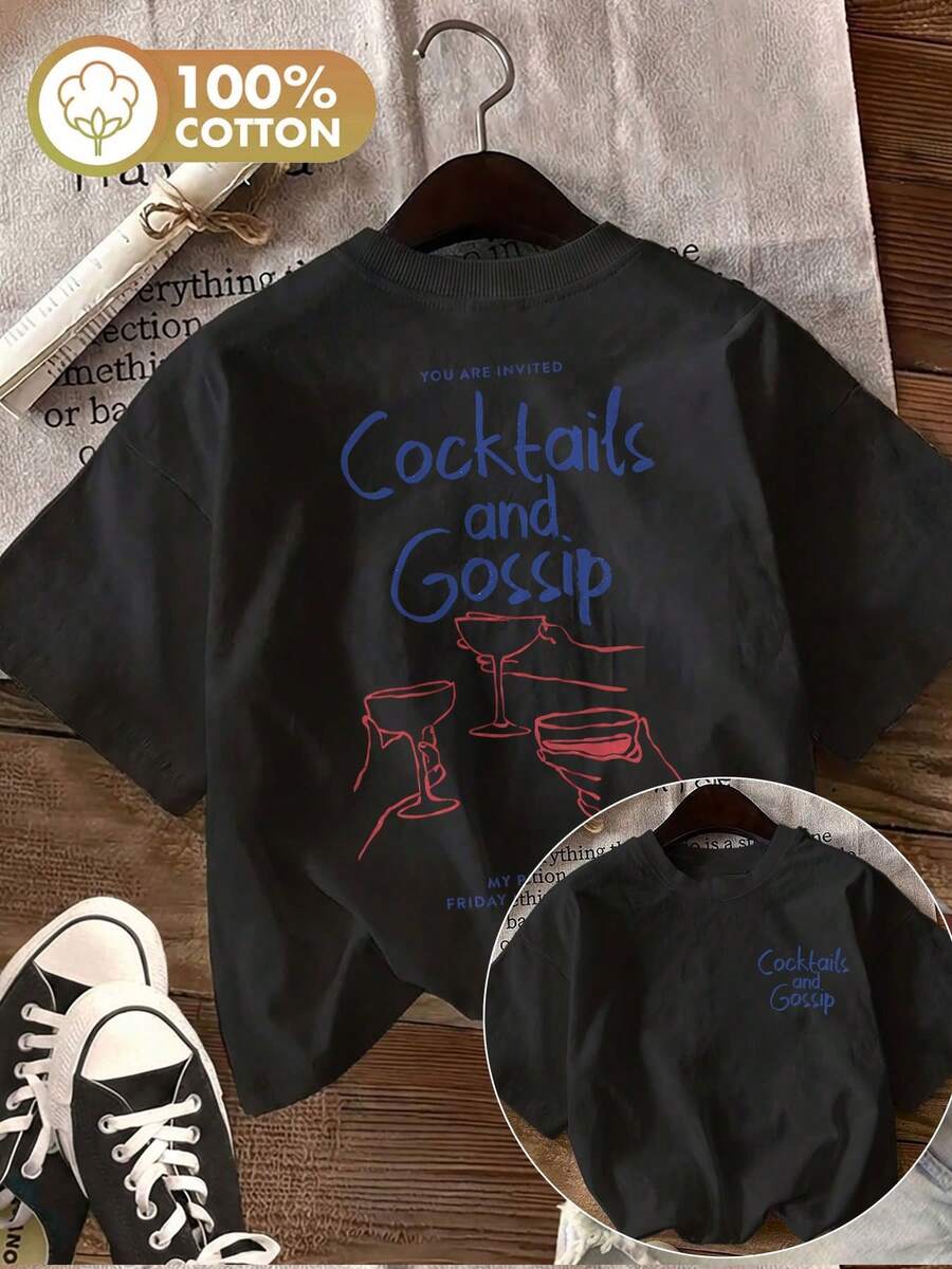 [Impresión a Doble Cara] Top de Moda para Mujer, Ropa de Verano para Mujer, Estilo Sencillo, Estampado de Copas de Vino y Cócteles, Cuello Redondo, Camiseta de Manga Corta. - Negro - Ver 1
