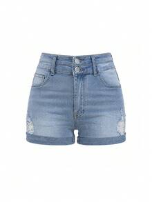 Women's Pocketed Ripped Hem Two-Button Basic Denim Shorts Casual Summer - Light Wash - View 7