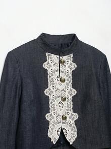 DEEKA Autumn New Women's European And American Style Fashion Minimalist Elegant Versatile Lace Patchwork Short Jacket - Dark Grey - View 6