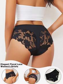 FINETOO Women's Lace Patchwork Hollow Out Waist Bow Decor Romantic Sheer Sexy Panties - Black - View 1