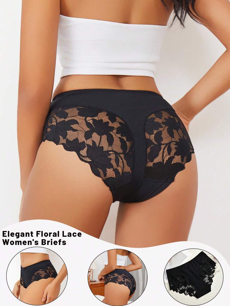 FINETOO Women's Lace Patchwork Hollow Out Waist Bow Decor Romantic Sheer Sexy Panties - Black - View 1