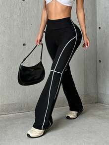 Hidkat Women's Fashion Solid Color High Waist Casual Yoga Sports Knit Flare Pants - Black - View 3