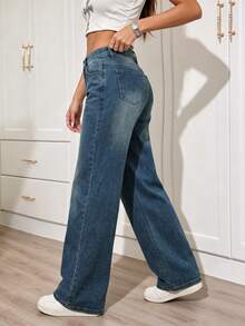 Women's Casual Washed Straight Leg Jeans - Medium Wash - View 8