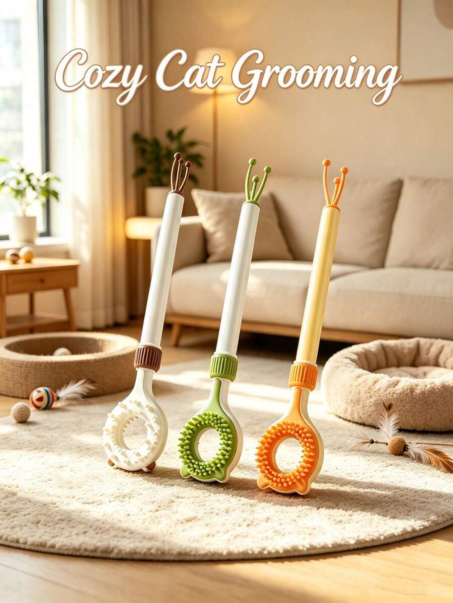 1/2pcs 3-In-1 Retractable Cat Grooming Tool (3 Colors Available): Equipped With Facial Massage/Scratching Stick And Interactive Cat Teaser; Suitable For Indoor Cats; Includes Gentle Pet Dehairing Brush; No Battery Required - Multicolor - View 1