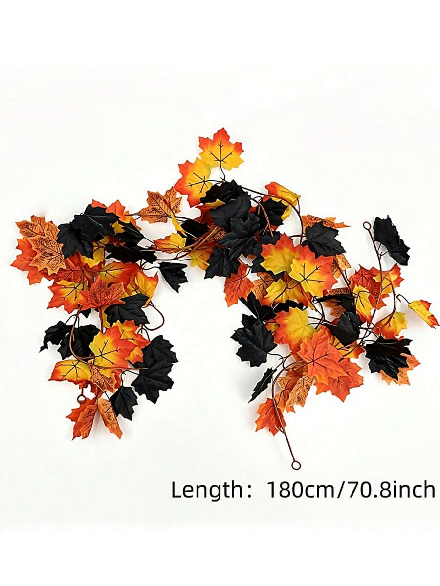 Artificial Black Maple Leaf Garland - Realistic Autumn Orange & Black - Heavy Duty Plastic Foliage Vine, Suitable For Thanksgiving, Halloween, Wedding Decor - No Electricity Required, Indoor/Outdoor Autumn Home, Garden, Party Decoration - Longest Maple Leaf Vine, Can Be Used As Magic Forest Decor, Halloween Decoration, Holiday Wreath Design, No Power Needed, Weather-Resistant Leaves, Home Decor - Multicolor - View 1