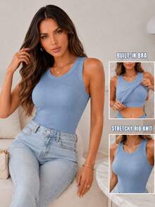 ChicMe Women's Built-In Padded Ribbed Tank Top, Round Neck, Sleeveless, Slim Fit, Casual Basic T-Shirt, Suitable For Work, Gatherings, Daily Street Wear - Dusty Blue - View 11