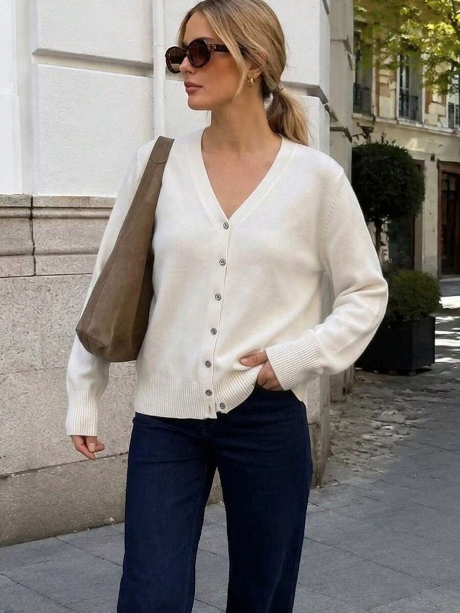 Women's V-Neck Knitted Cardigan, Thin Spring/Autumn Basic Casual Long Sleeve Sweater Top, Fashion Style White Fall - White - View 1
