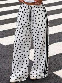 Women's Autumn Wide Leg Straight Loose Polka Dot Print Long Pants, Daily Business Casual Commute Date Work Wear With Pockets - White - View 2
