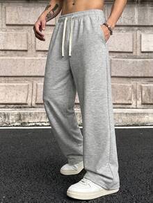 American Retro Wide Leg Sweatpants For Men, Loose Drape Concealing And Slimming, Drawstring High Waist Design Suitable For Various Body Types. Versatile For Daily Commute, Streetwear, Fashionable Men's Casual Long Pants - Light Grey - View 2