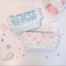 1pc Pink Star Rabbit Lace Ruffle Edge Spandex Bag, Foldable Design With Bow Detail, Soft Fabric Storage Organizer Box For School Supplies, Office Stationery, Makeup Brushes And Small Accessories, Multi-Functional Cosmetic And Travel Storage Bag - A - View 5