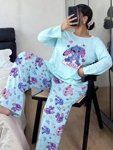 Casual Plus Size Women's "LOVELY" Cartoon Print Pajama Set, 2-Piece Set, Round Neck Long Sleeve Top And Long Pants, Suitable For Autumn/Winter - Blue - View 5