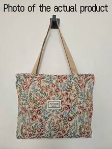 大容量花卉印花拉鍊肩背托特包，適合辦公室、學校、通勤或日常休閒使用 - 彩色 - 查看 8