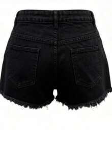 Fashion Casual Vacation Style Washed Frayed Distressed Ripped Loose Denim Shorts For Women Black Summer - Black - View 6