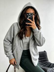 女款寬鬆全拉鍊針織連帽外套，附抽繩，保暖內裡長袖中長版街頭風夾克，適合冬季穿著 - 淺灰色 - 查看 7