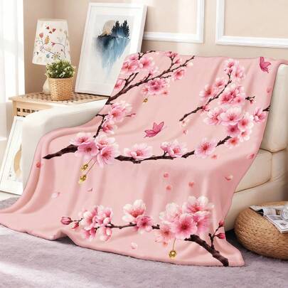 Soft Soft High-Definition Digital Print Cherry Blossom Theme Blanket Pink Branch Butterfly Design All-Season Cooling Blanket Soft Breathable 100% Poly