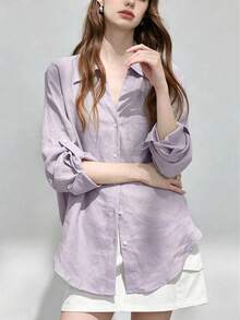 女款秋季時尚輕量純色優雅百搭通勤長袖休閒襯衫，可捲袖設計 - 淡紫色 - 查看 3