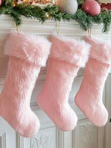 17.7 Inch 1/2pcs Pink Faux Fur Christmas Stockings, Christmas Stocking Hanging Decor, Candy Gift Bag, Christmas Decoration - Pink Christmas Stocking - View 1