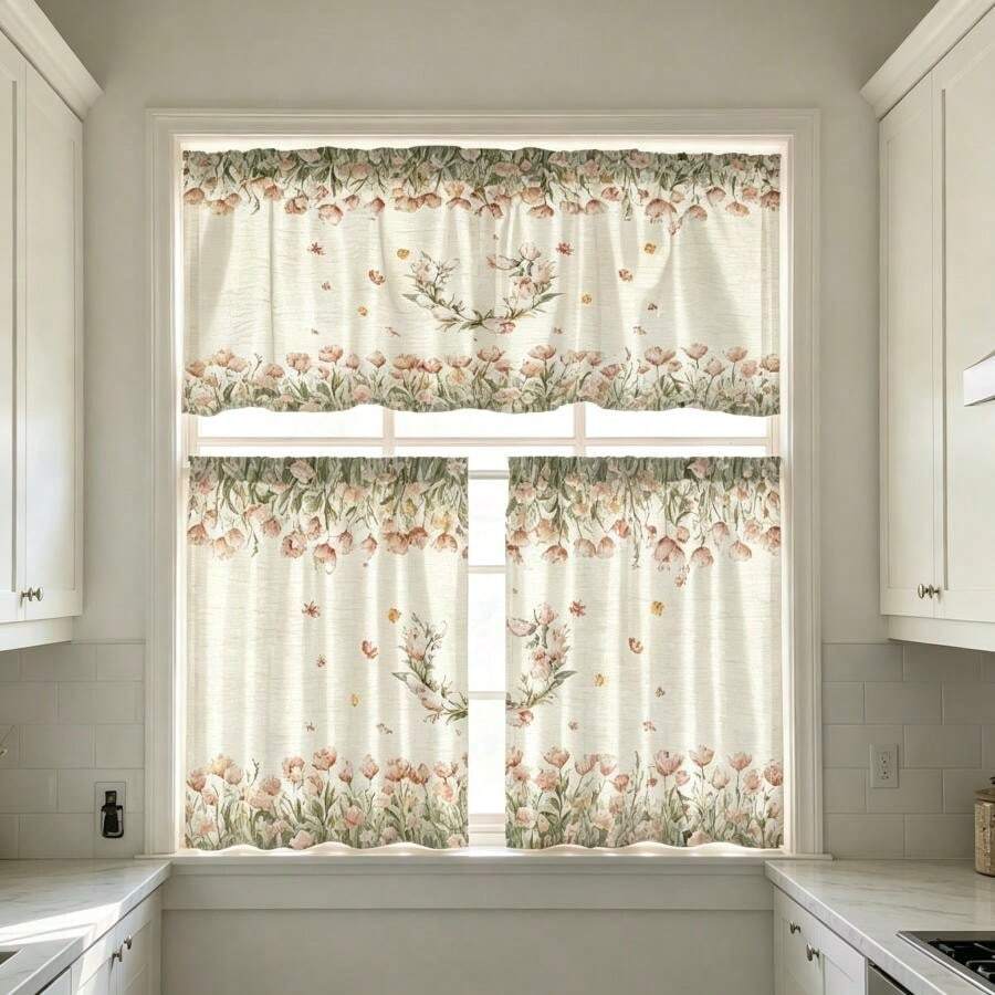 2pcs/ 1pc Kitchen Curtain Set,Watercolor Pink Tulip Floral Wreath Green Foliage Border Pattern Printed Curtain Combination,2D Flat Print,Suitable For Kitchen,Restaurant,Home Decoration,Curtain Decoration Curtains + Window Curtain - Multicolor - View 1