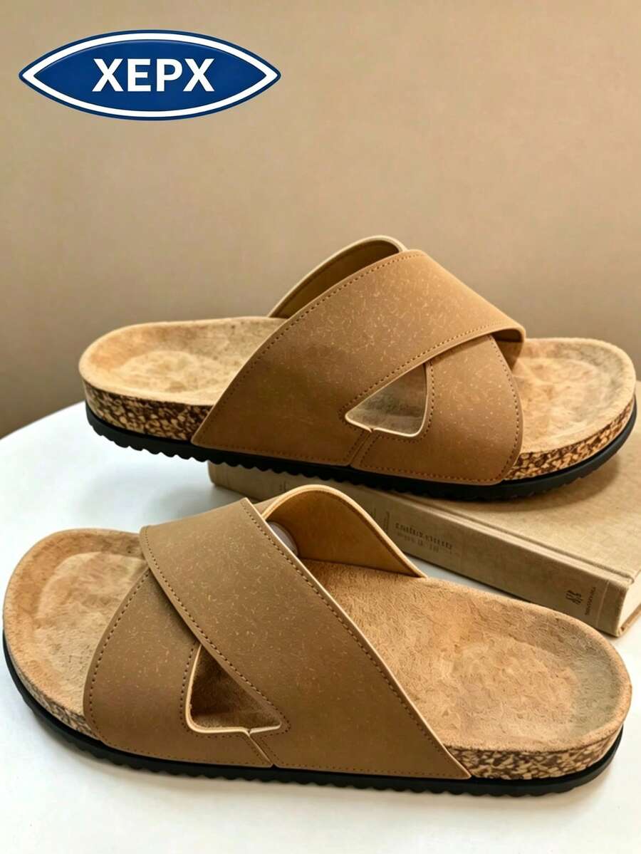 Men's Sandals Criss-Cross Slippers, Slip-On Soft Cork Casual Slides, Suitable For Summer, Office, Outdoor, Beach, Vacation. Non-Slip, Breathable, Durable Thick-Sole Beach Sandals