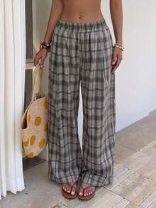 Women's Grey Plaid Wide Leg Pants High Waist Loose Casual Long Pants Retro Street Style Daily Wear Autumn Bottoms - Grey - View 6