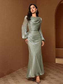 Women's Elegant Green Mermaid Gown, Decorated With Pearls, Long Bishop Sleeves, Ruched Corset, Suitable For Formal Evening Events - Mint Green - View 3
