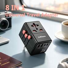 20W GaN Universal Travel Adapter 8 In 1 All In One International Plug With 2USB-A+2USB-C Fast Charging Ports, Worldwide Power Adaptor For UK EU US AU Travel - Black - View 1