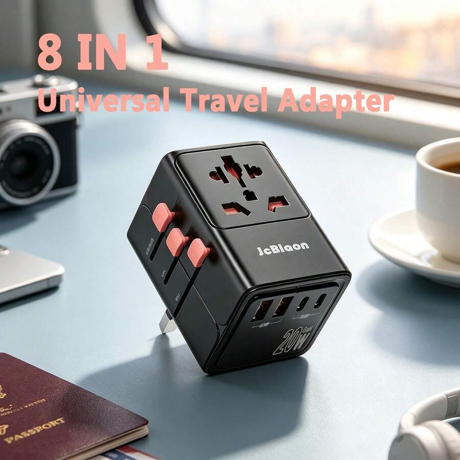 20W GaN Universal Travel Adapter 8 In 1 All In One International Plug With 2USB-A+2USB-C Fast Charging Ports, Worldwide Power Adaptor For UK EU US AU Travel - Black - View 1