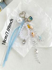 Vigour Summer Coastal Ocean Theme Faux Pearl Beaded Keychain, Natural Shell & Conch Bag Charm With Light Blue Ribbon, Heart-Shaped Carabiner Backpack Pendant, Gift - Multicolor - View 12