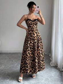 Women's Summer Sexy Lace Leopard Print Waist-Cinched Flare Spaghetti Strap Dress - Khaki - View 1