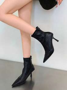 Sepatu Bot Ankle Hak Tinggi Stiletto Ujung Lancip Modis, Sepatu Bot Klasik Amerika Model Baru Musim Gugur/Dingin dengan Resleting Belakang - Hitam - View 3