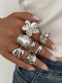 29/15/7pcs Elegant Vintage Casual Faux Pearl Geometric Flower Metal Ring Set For Women Daily Wear - Silver - View 8