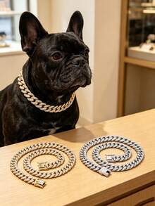 1pc Icy Cuban Link Pet Collar, Shiny Rhinestone Gold & Silver Dog Necklace, Sparkling Diamond Pet Collar, Suitable For Small Dogs & Cats, Fashion Pet Accessory, Birthday & Holiday Gift For Pet Lovers - Multicolor - View 2