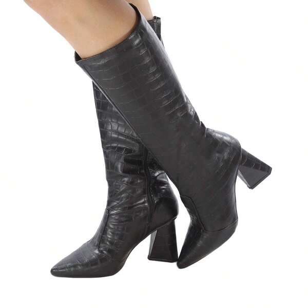 Bota Feminina Cano Longo Croco Salto Quadrado Grosso Luxo Confortável Montaria Caramelo Preto Branco